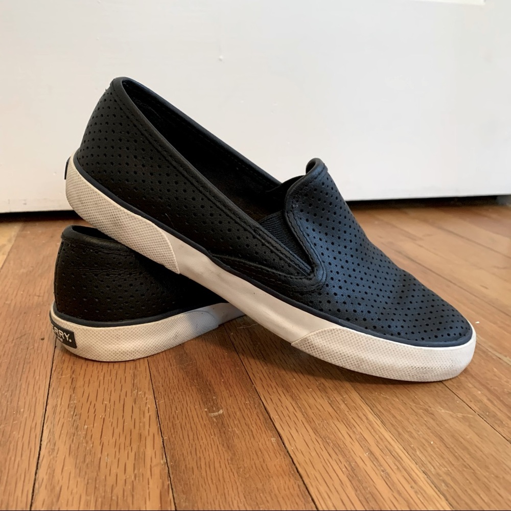 Black leather Sperry slip-ons